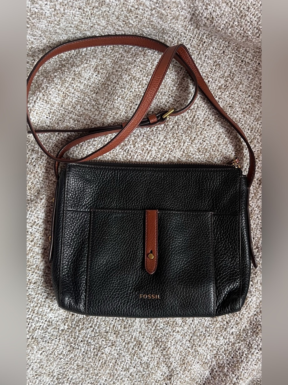 Fossil Black Pebbled Leather Crossbody with Tan Strap